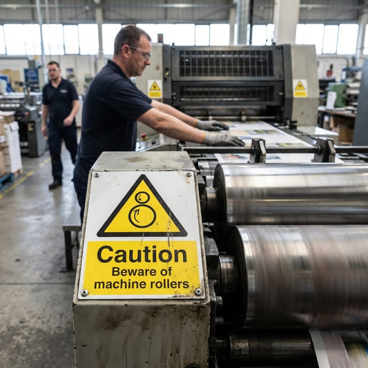 Caution Beware of Machine Rollers Safety Sign – 1mm Plastic – Indoor/Outdoor Use