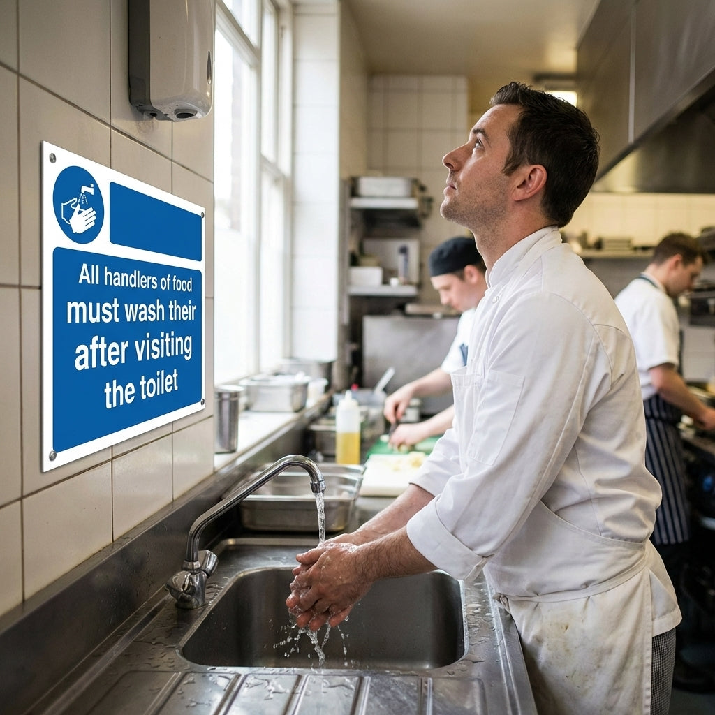 Handlers of Food Must Wash Hands After Toilet Safety Sign – 1mm Rigid Plastic – Indoor/Outdoor Use
