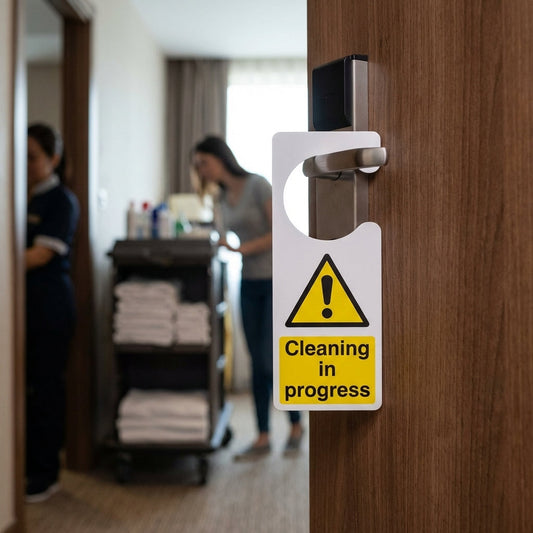 Cleaning in Progress Door Hanger – 80mm x 205mm – Matt Rigid PVC – Hotel & Office Use