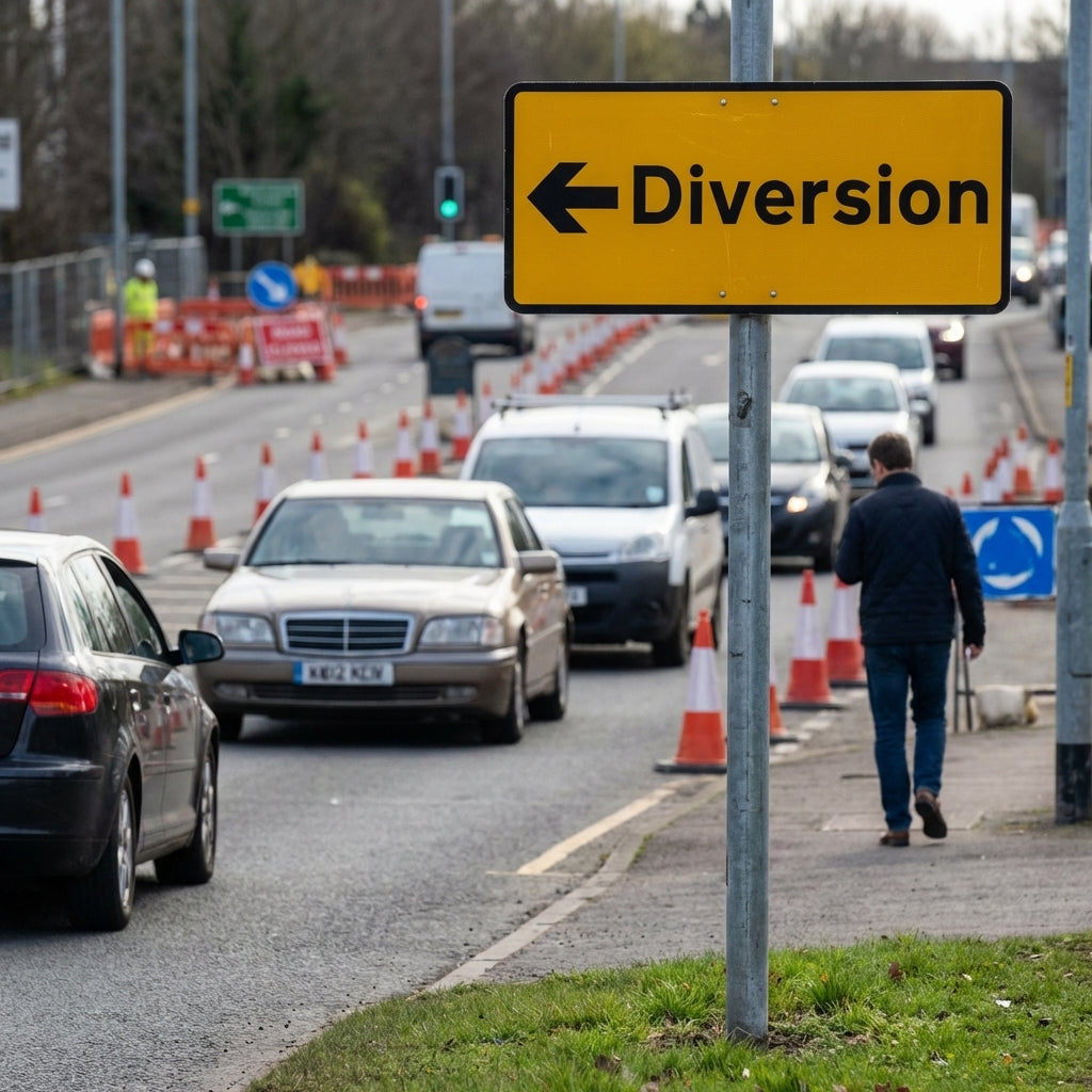 Diversion Left Verge Sign with Post – 450mm x 150mm – 2mm Aluminium – Temporary or Permanent Use