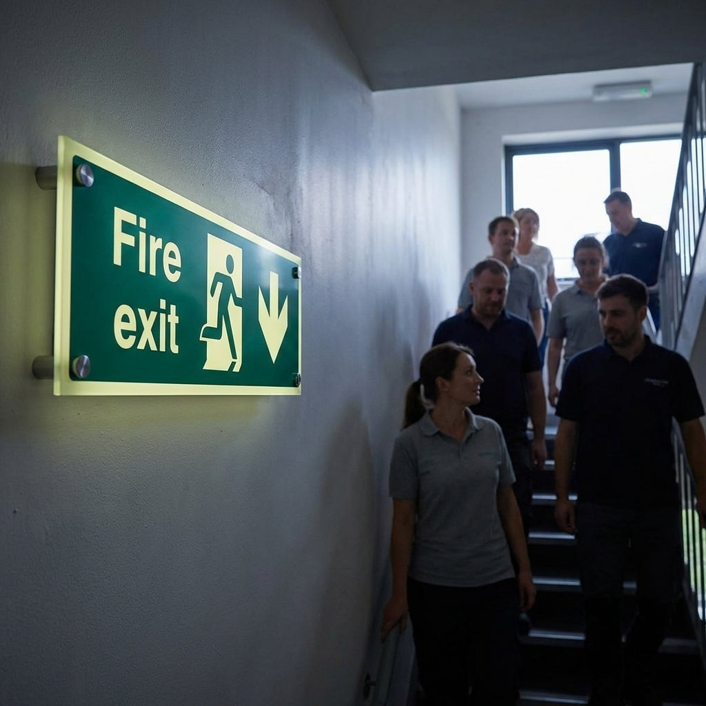 Photoluminescent Fire Exit Down Sign – 450mm x 150mm – Clear Acrylic – Indoor/Outdoor