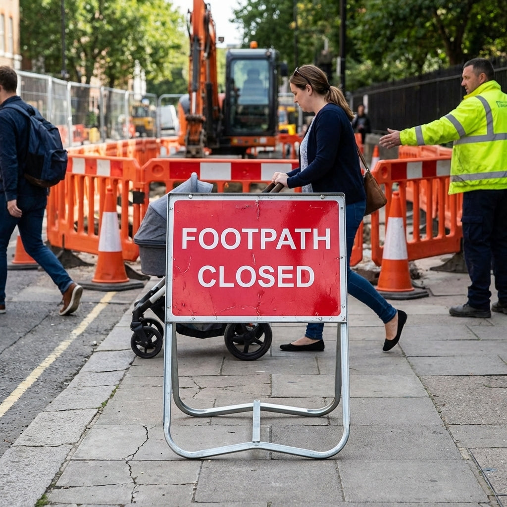 Footpath Closed Fold-Up Road Sign – 600mm x 450mm – Reflective PVC – Short Term Work Zones