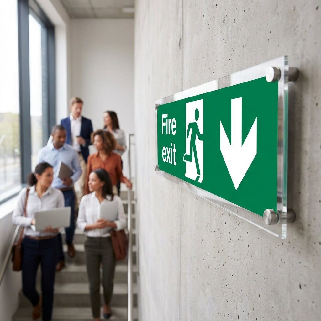 Fire Exit Down Sign – 450mm x 150mm – Clear Acrylic – Indoor/Outdoor Use