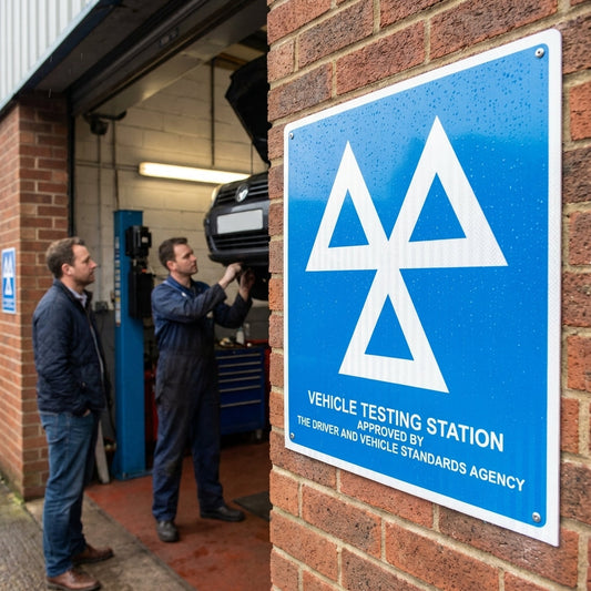 Vehicle Testing Station Sign – 600mm x 625mm – Reflective Aluminium – Industrial Use