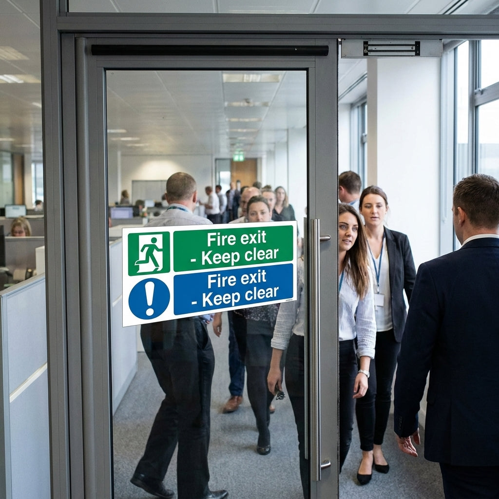 Fire Exit Window Sticker – 300mm x 100mm – Face Adhesive Vinyl – Indoor/Outdoor Use