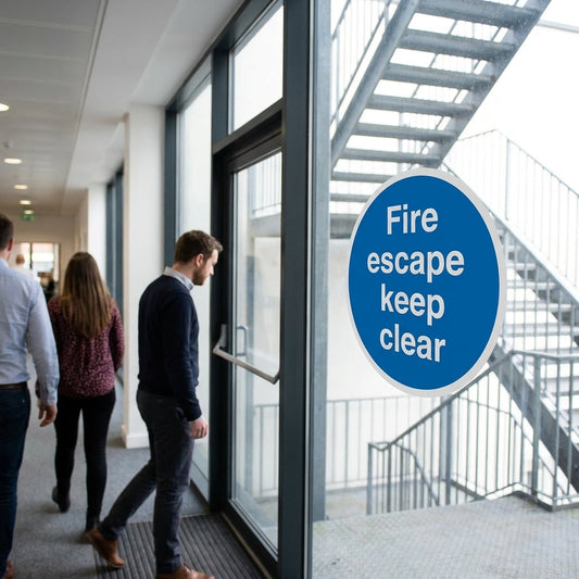 Fire Escape Keep Clear Window Sticker – 100mm x 100mm – Self-Adhesive – Indoor Use