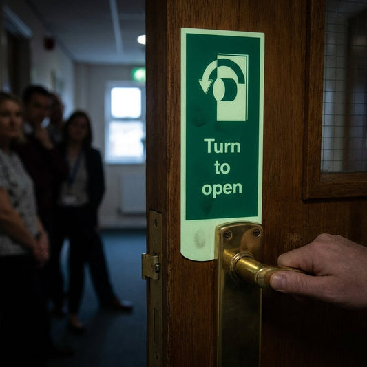 Turn Left To Open Photoluminescent Door Plate Sign – 75mm x 300mm – Rigid Plastic – Safety Compliance