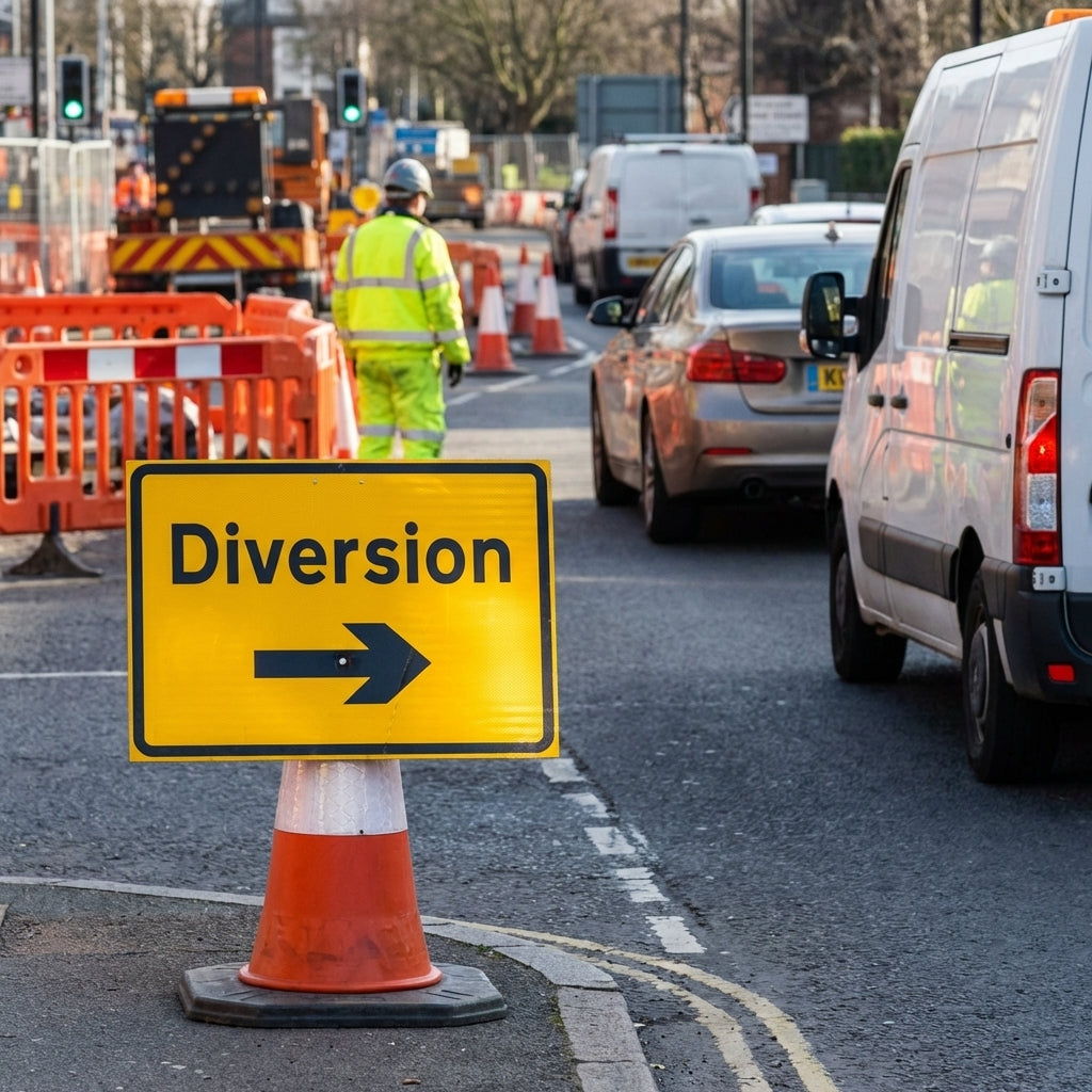 Diversion Right Reflective Cone Sign – 600mm x 450mm – Polypropylene – Road Safety