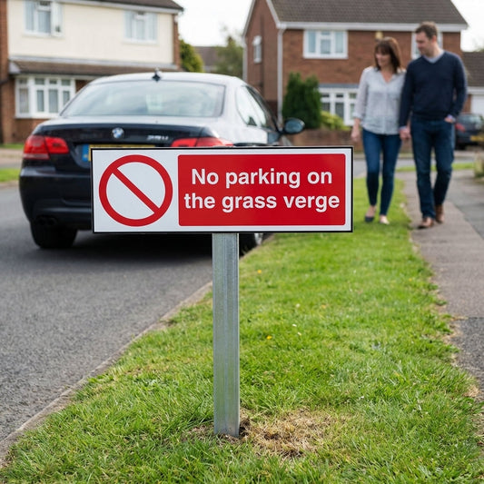No Parking Sign with Post – 450mm x 150mm – Durable Aluminium – Outdoor Use