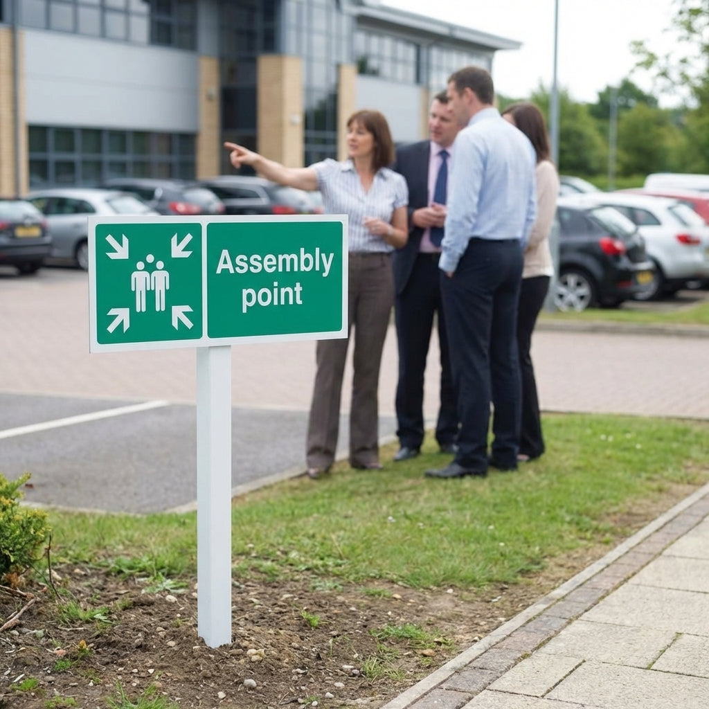 Assembly Point Left Verge Sign – 450mm x 150mm – 2mm Aluminium – Outdoor Safety