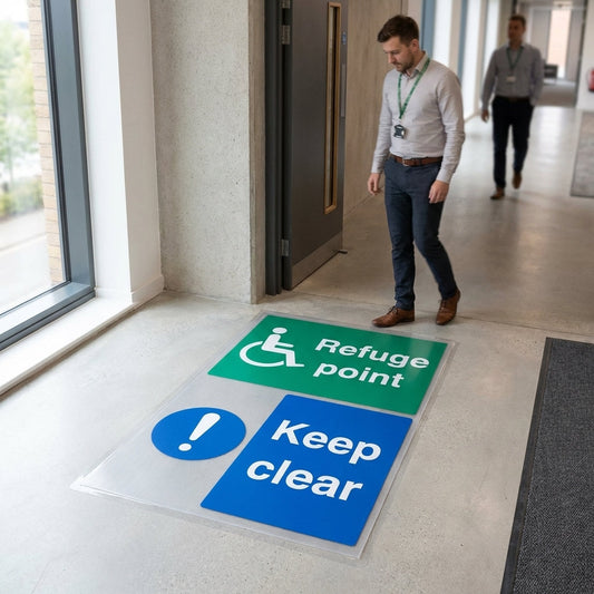 Refuge Point - Keep Clear Floor Graphic Safety Sign – 400mm x 600mm – Polycarbonate – Industrial Use