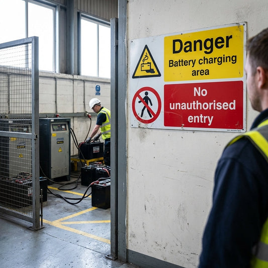 Battery Charging Area Safety Sign – No Unauthorised Entry – Industrial Use