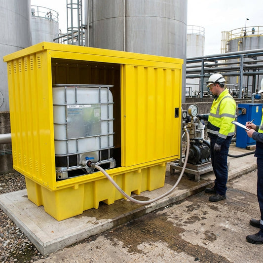 Steel Covered Double IBC Pallet – Yellow – Lockable Doors – Industrial