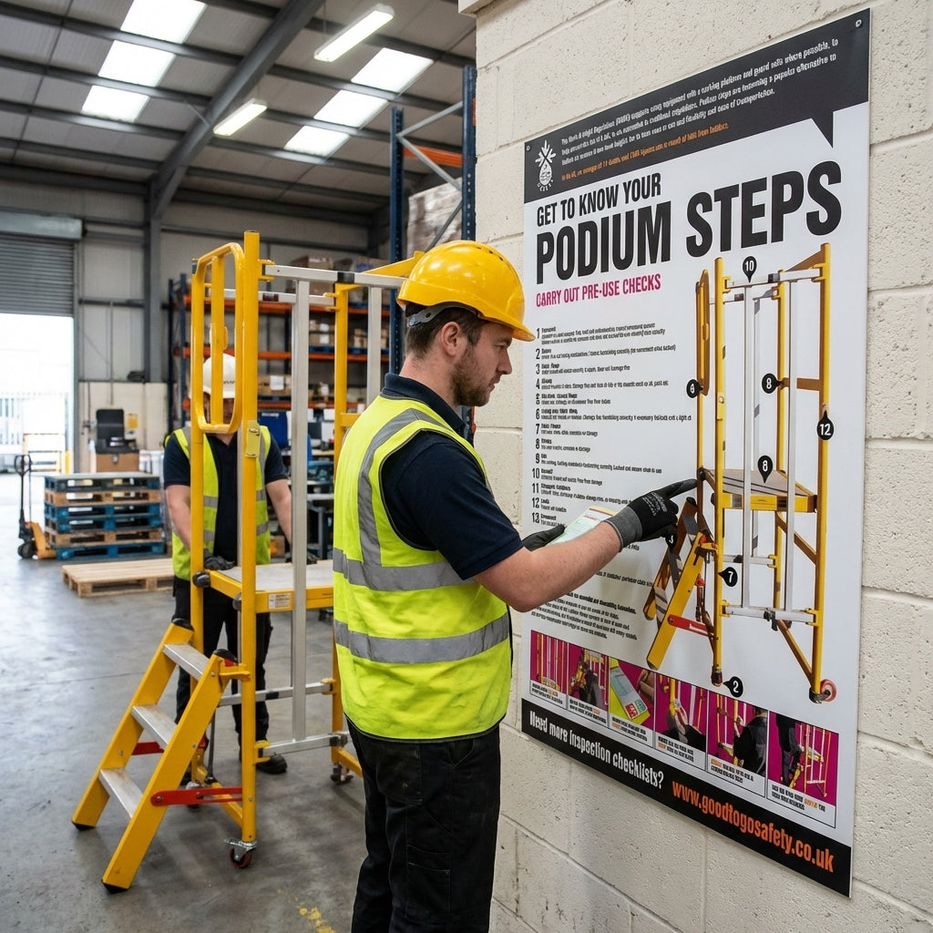 Podium Steps Inspection Poster – 420mm x 594mm – Synthetic Paper – Indoor & Outdoor