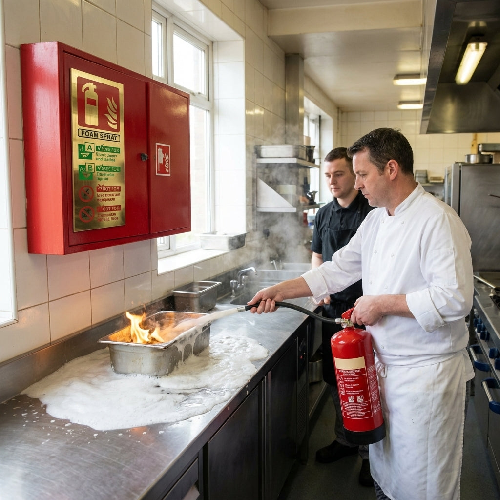 Foam Spray Extinguisher Identification Sign – 75mm x 200mm – Polished Brass – Commercial Use
