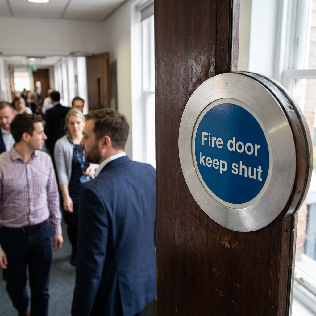 Fire Door Keep Shut Sign – 70mm x 70mm – Brushed Aluminium – Indoor Safety