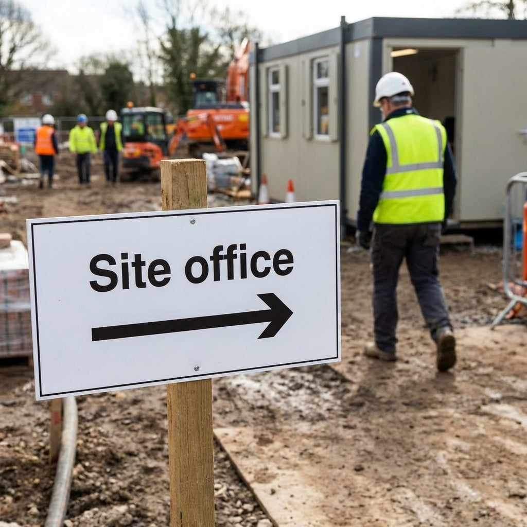 Site Office Sign with Arrow Right – 1mm Rigid Plastic – Indoor & Outdoor Use