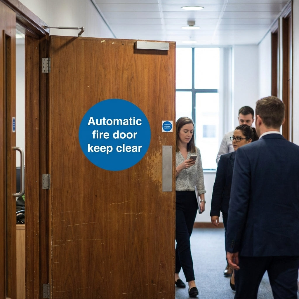 Automatic Fire Door Keep Clear Sign – 1mm Rigid Plastic – Indoor/Outdoor Use