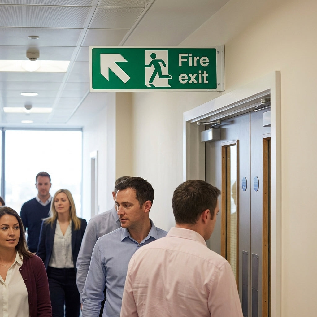 Fire Exit Sign – Arrow Up/Left with Running Man – Indoor/Outdoor Use