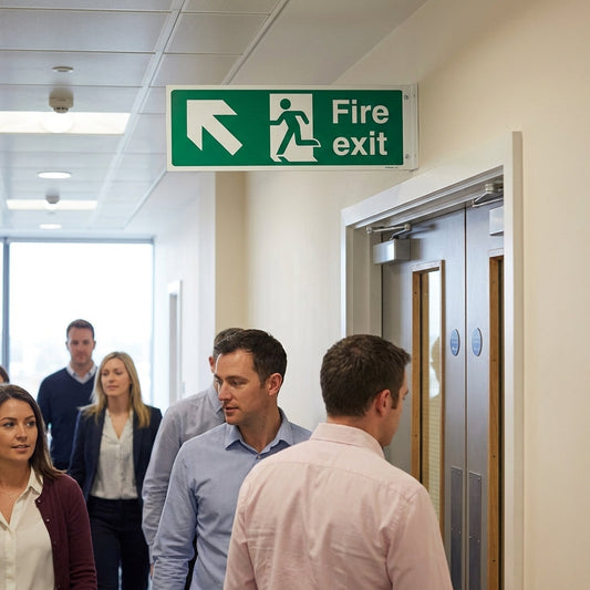 Fire Exit Sign – Arrow Up/Left with Running Man – Indoor/Outdoor Use