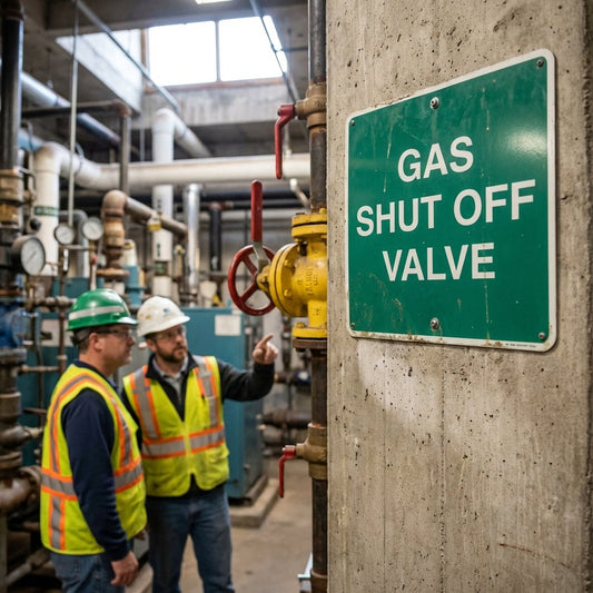 Gas Shut Off Valve Signs – 1mm Rigid Plastic & Vinyl – Indoor/Outdoor Use