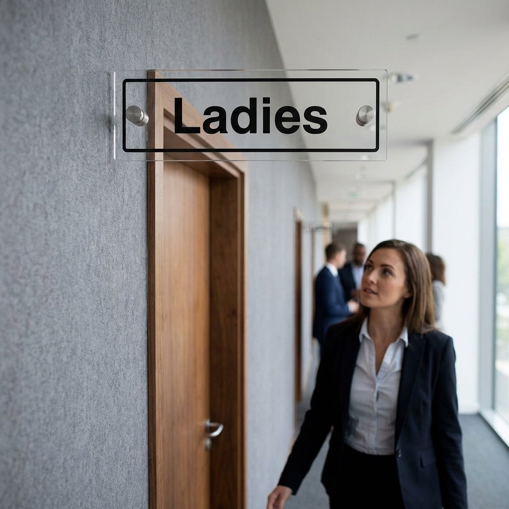 Ladies Door Sign – 450mm x 150mm – Clear Acrylic with Stand-offs – Indoor/Outdoor Use