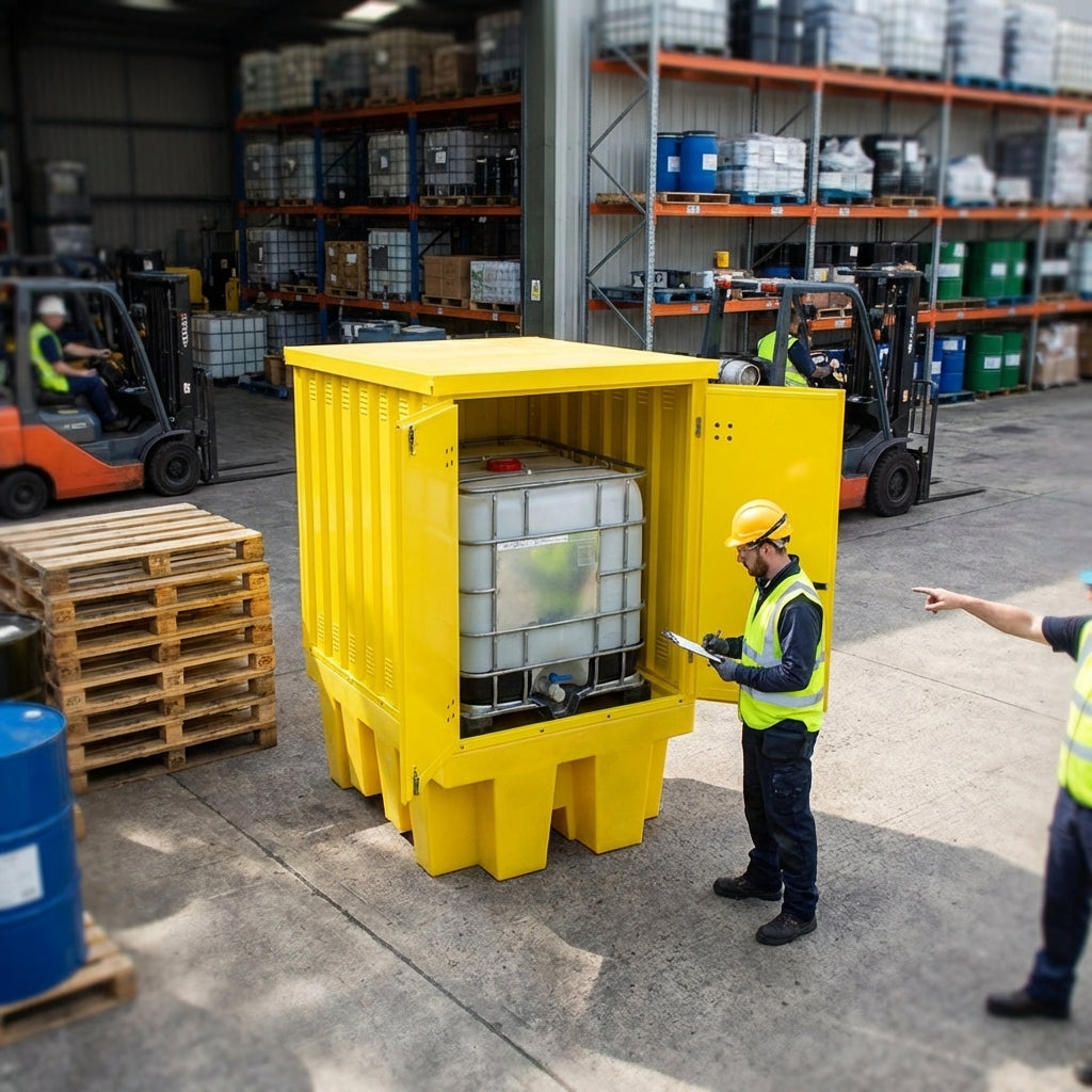 Steel Covered Single IBC Pallet – Lockable Doors – Industrial Grade – Outdoor Use