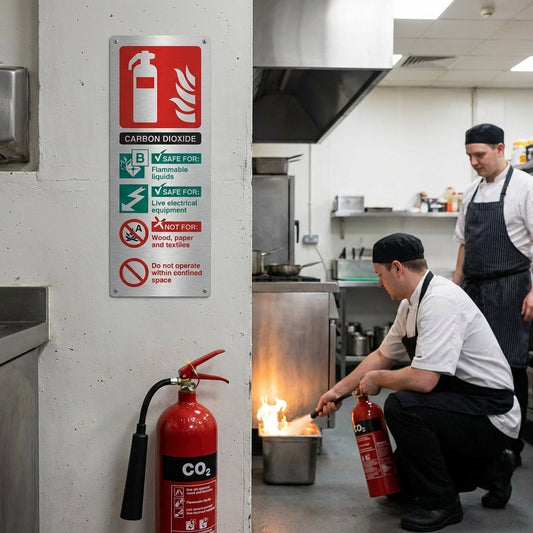 CO2 Extinguisher Identification Sign – 75mm x 200mm – Brushed Aluminium – Safety Compliance