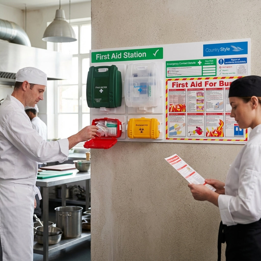 Branded First Aid Station with First Aid for Burns Poster – 1200mm x 680mm – Rigid Correx Plastic – Workplace Safety