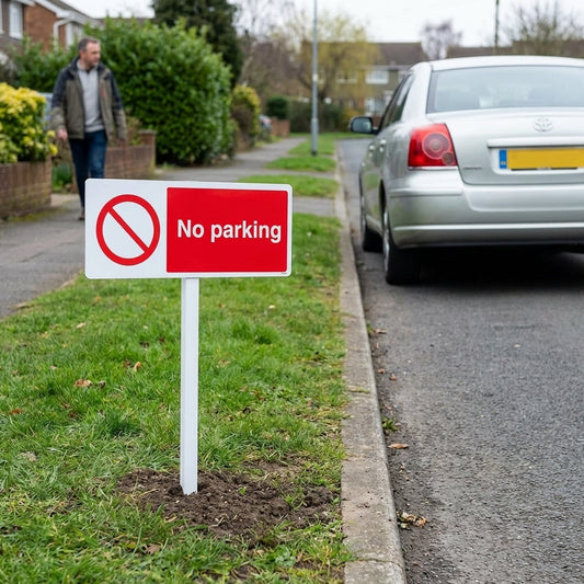 No Parking Verge Sign with Post – 450mm x 150mm – Durable Aluminium – Outdoor Use