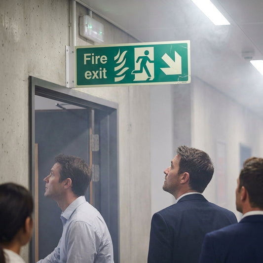Fire Exit Sign – Arrow Down/Right – Flames & Running Man – Safety