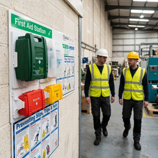 Branded First Aid Station with Preventing Slips, Trips & Falls Poster – 1200mm x 680mm – Rigid Plastic – Workplace Safety