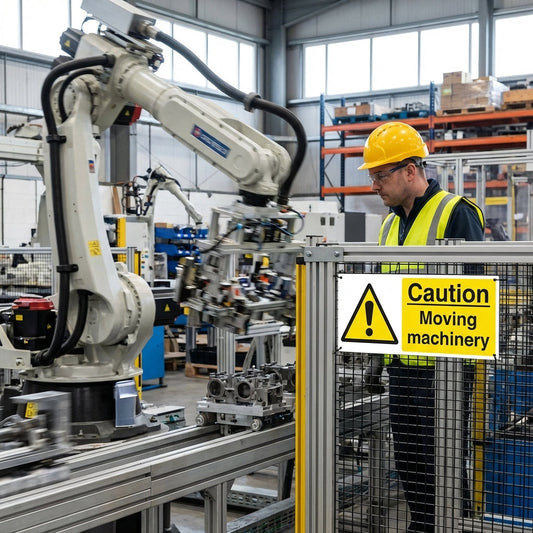 Caution Moving Machinery Safety Signs – 1mm Rigid Plastic – Indoor/Outdoor Use