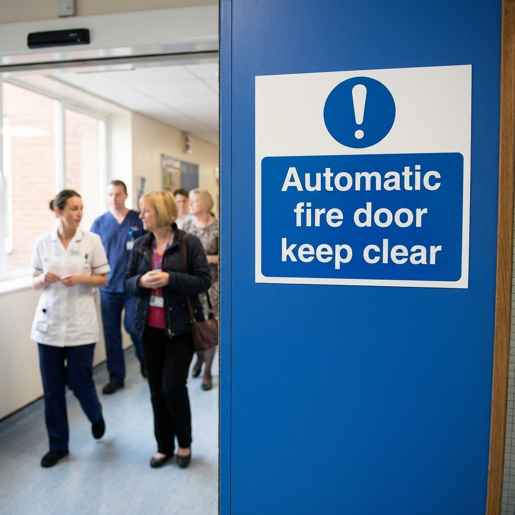 Automatic Fire Door Keep Clear Sign with Symbol – 1mm Rigid Plastic – Indoor/Outdoor Use