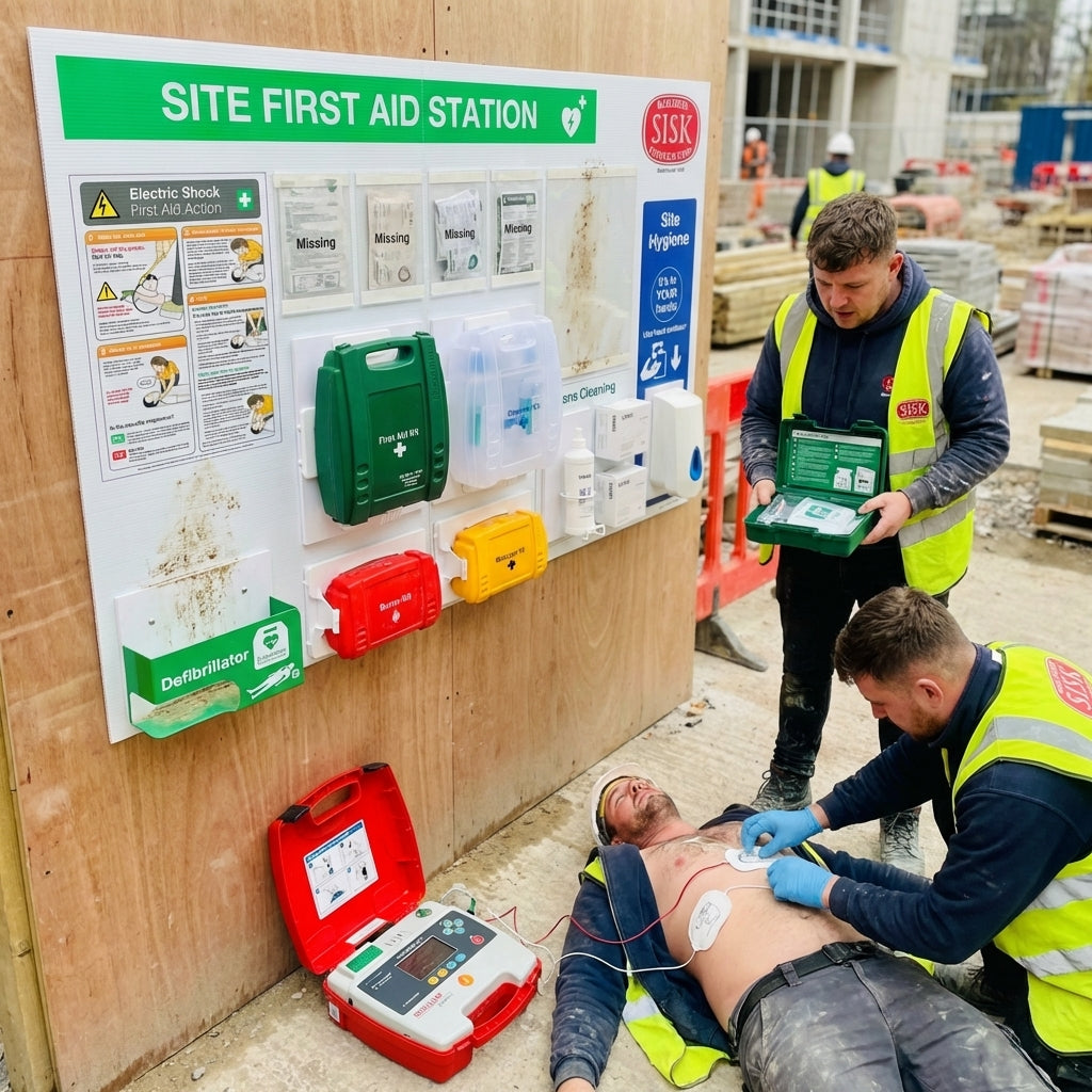 First Aid Station with AED Defibrillator – 1550mm x 1000mm – Rigid Correx Plastic – Industrial