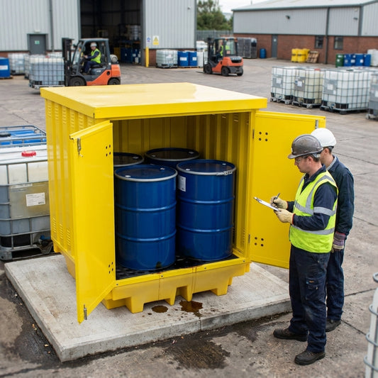 Steel Covered 4 Drum Spill Pallet – Yellow – Lockable Doors – Industrial Use