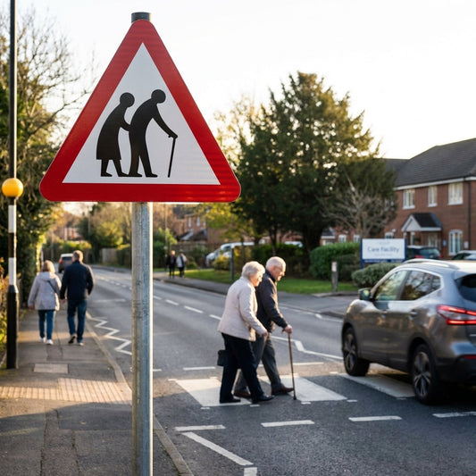 Elderly/Disabled Pedestrians Reflective Traffic Sign – 600mm Triangle – Aluminium Composite – Outdoor Use (Class R2)