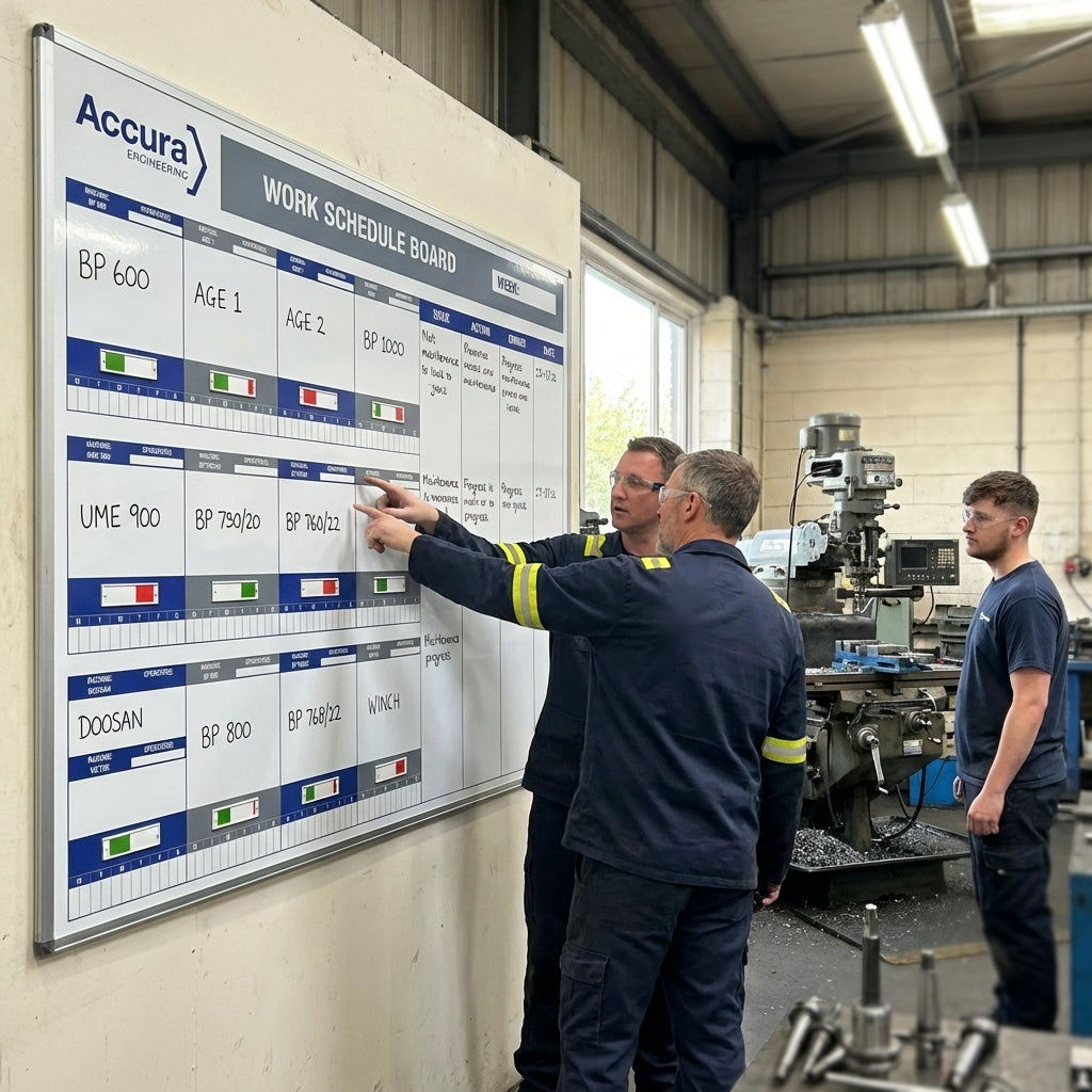 Production Machinery Schedule Magnetic Dry Wipe Board with Slider Signs – 1200mm x 1500mm – Aluminium Frame – Industrial Use