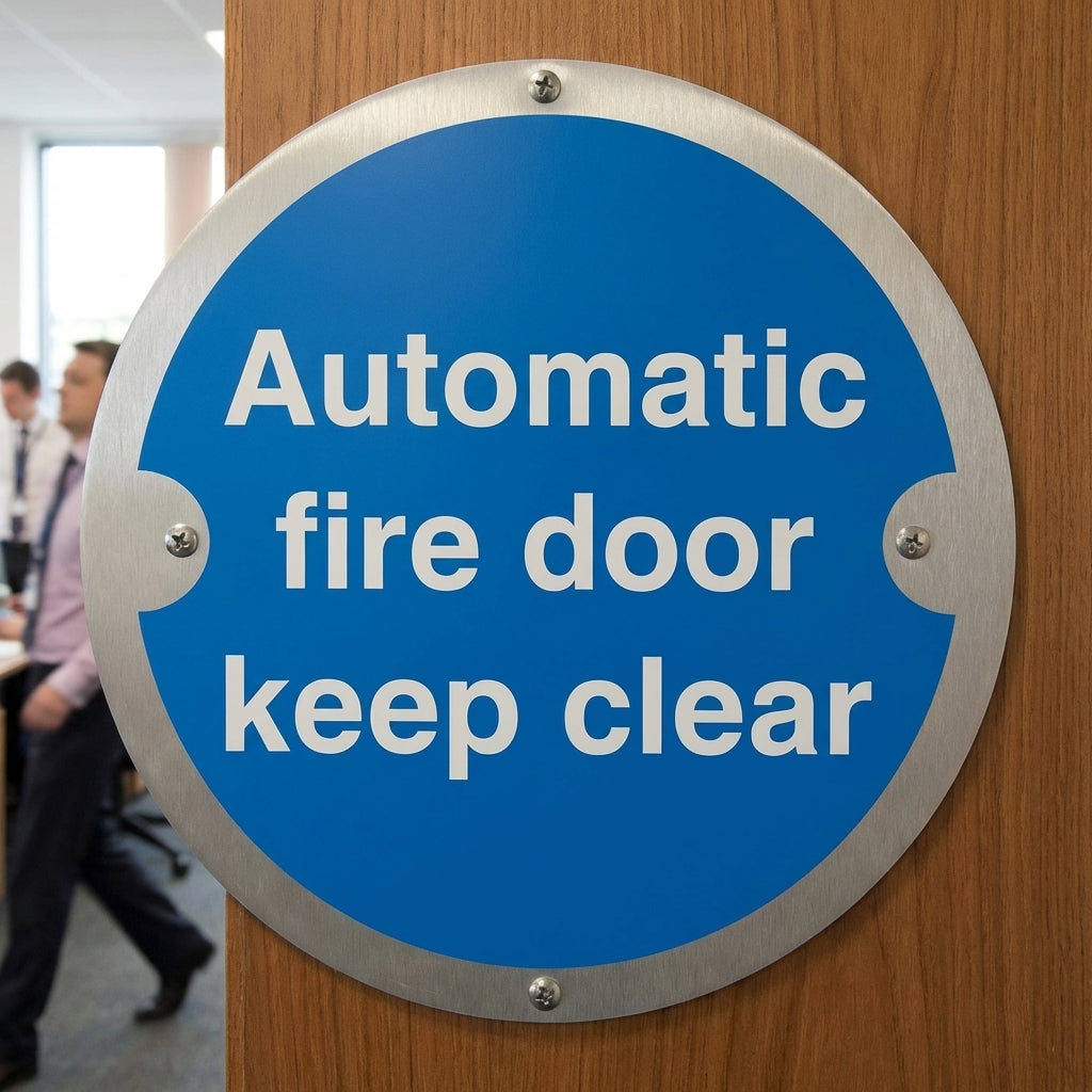 Automatic Fire Door Keep Clear Signs – 76mm Diameter – Brushed Aluminium, Polished Brass, Stainless Steel – Indoor Use