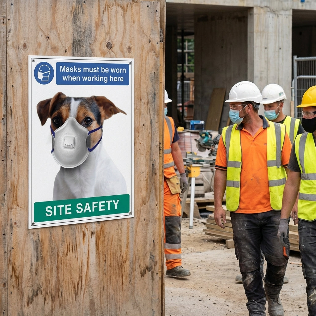 Masks Must Be Worn When Working Here Dog Poster Safety Sign – 420mm x 594mm – Synthetic Paper – Indoor/Outdoor Use