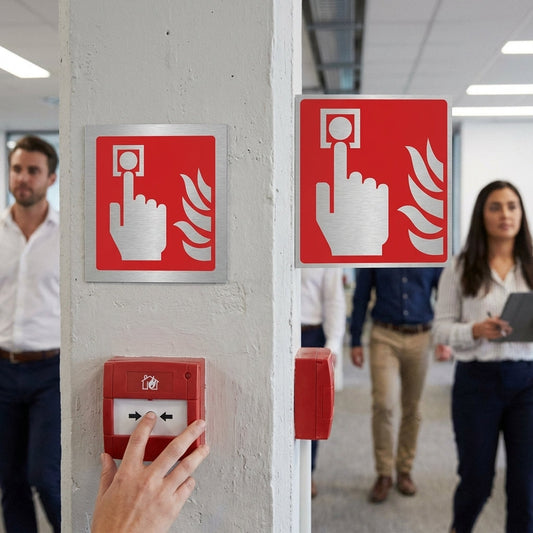Fire Alarm Call Point Symbol Sign – 175mm x 175mm – Brushed Aluminium – Commercial Use