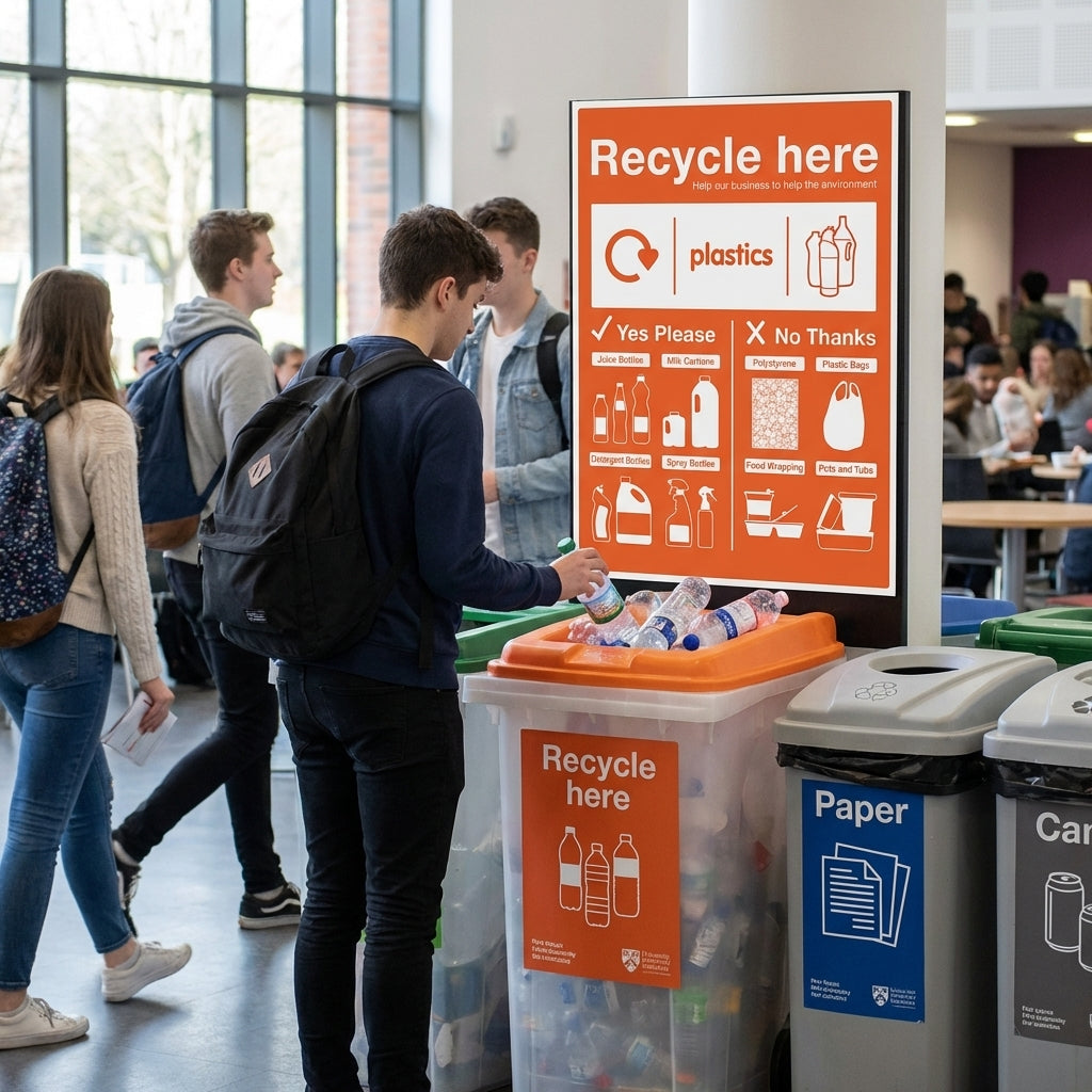 Recycling Sign – Recycle Plastic Bottles Here – Durable – Indoor/Outdoor Use