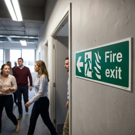 Fire Exit Sign – Arrow Left with Flames & Running Man – Safety Signage