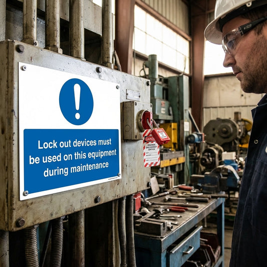 Lockout Devices Must Be Used On This Equipment During Maintenance Safety Sign – 1mm Rigid Plastic – Indoor/Outdoor Use