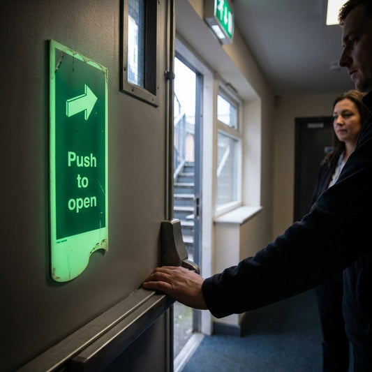 Push To Open Photoluminescent Door Plate Sign – 75mm x 300mm – Rigid Plastic – Indoor Safety