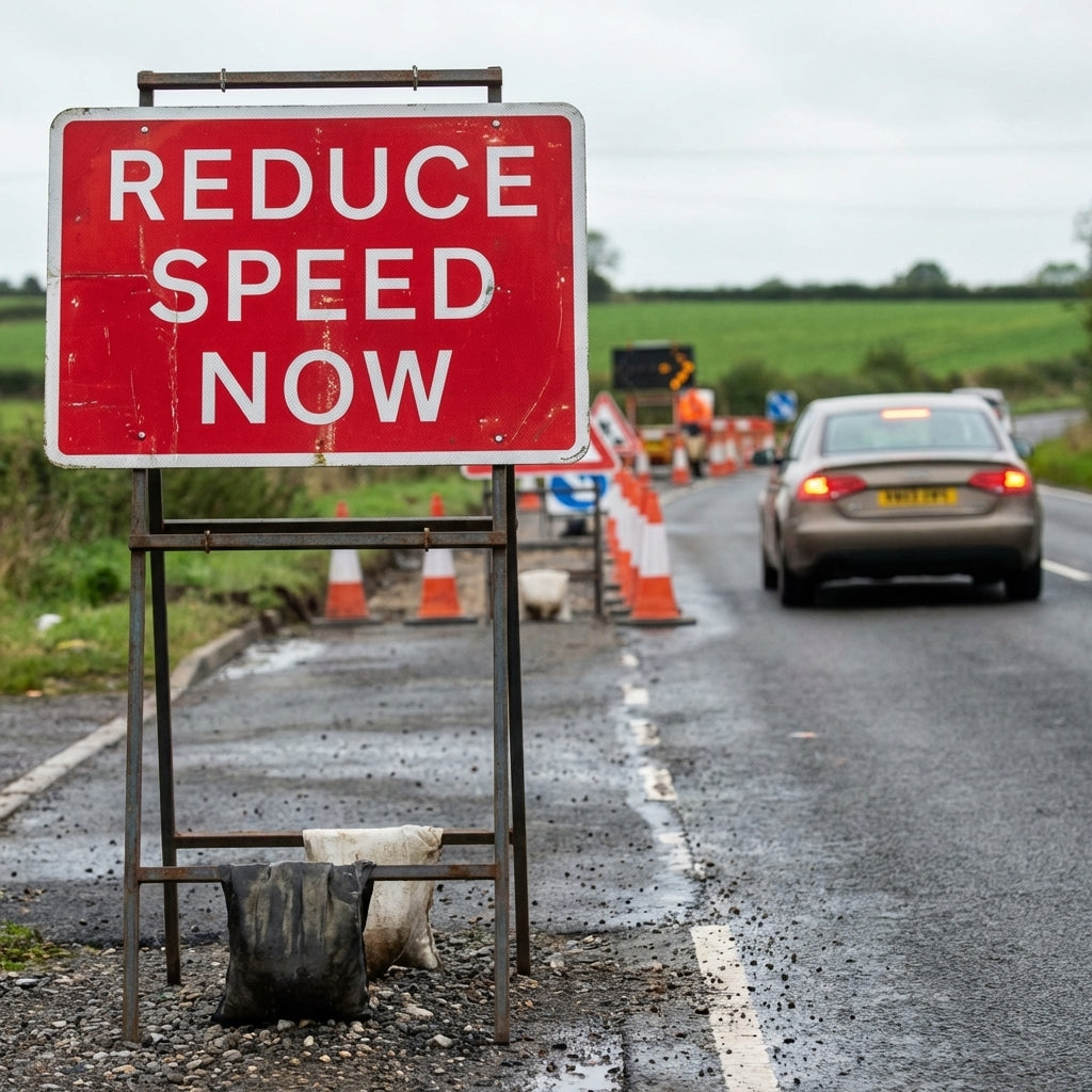 Reduce Speed Now Reflective Temporary Road Traffic Sign – Class RA1 – Zintec Plate – Industrial Use