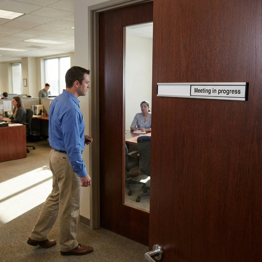 Meeting In Progress Door Slider Sign – 300mm x 40mm – Anodised Aluminium – Office Privacy