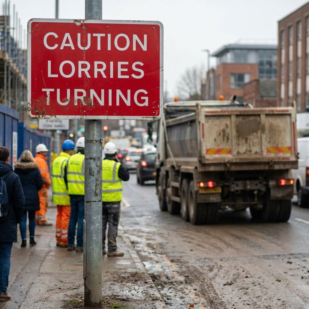Caution Lorries Turning Sign – 1mm Rigid Plastic & Aluminium – Indoor/Outdoor Use
