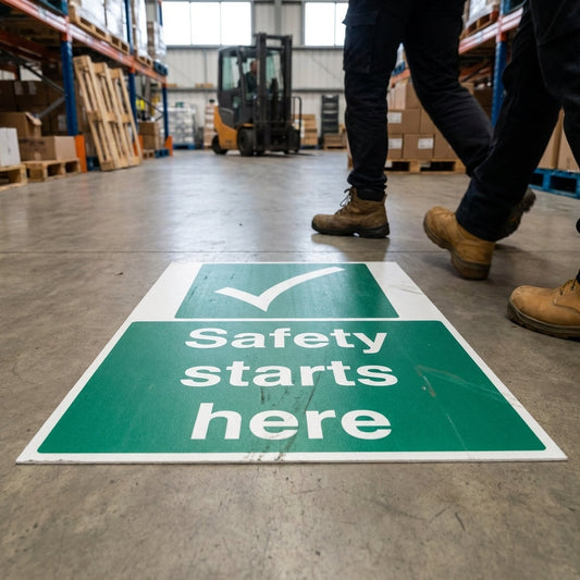 Safety Starts Here Floor Graphic Safety Sign – 400mm x 600mm – Polycarbonate – Industrial Use