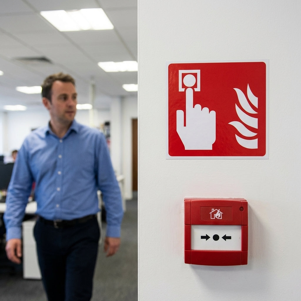 Fire Alarm Call Point Labels – 100mm x 100mm – Self Adhesive Vinyl – Indoor Use